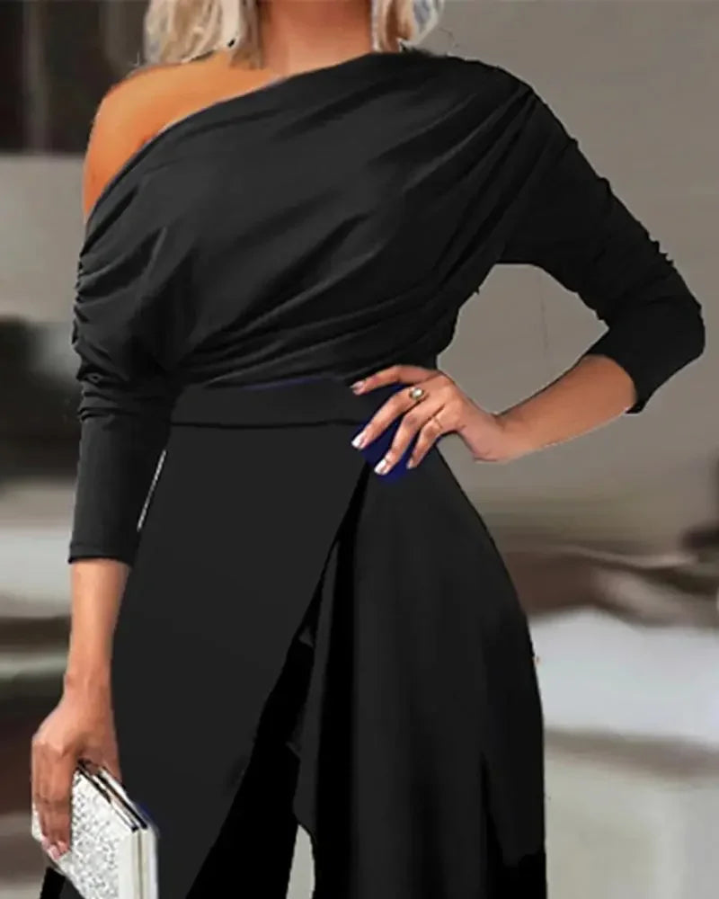 2025 Spring Jumpsuit Plain Elegant Loose Ruched One Shoulder Split Hem Wide Leg Jumpsuit.  S-XL
