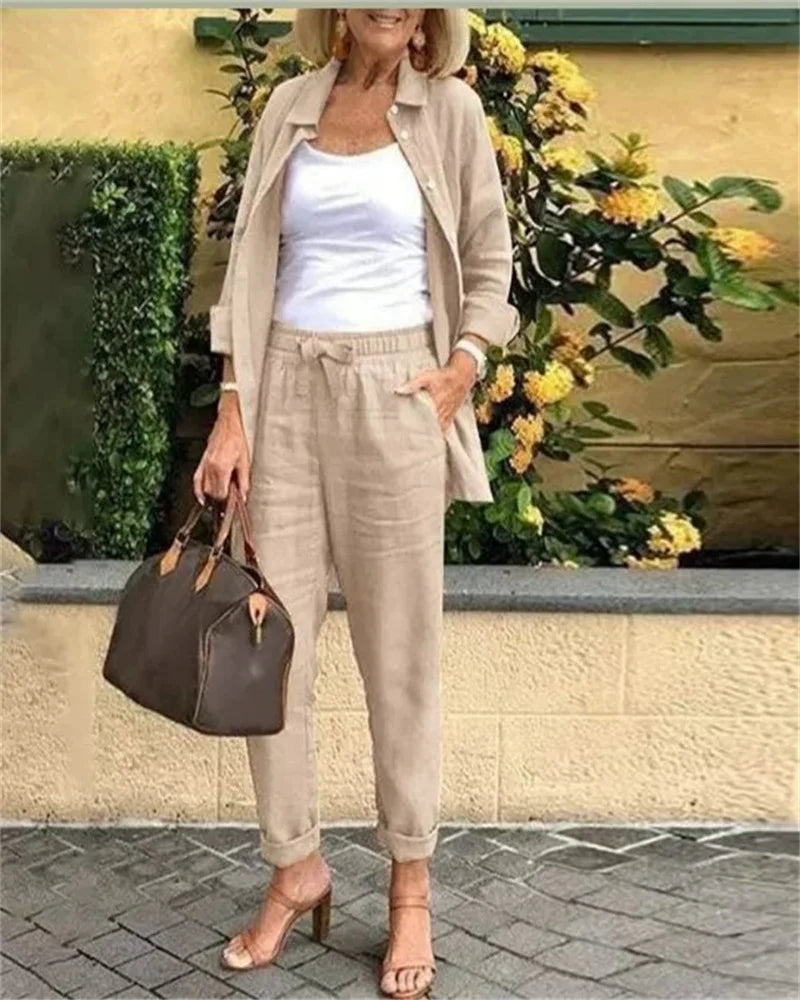 Plus-size women's casual fashion solid color button long-sleeved Shirt/Cardigan cotton linen 2 piece