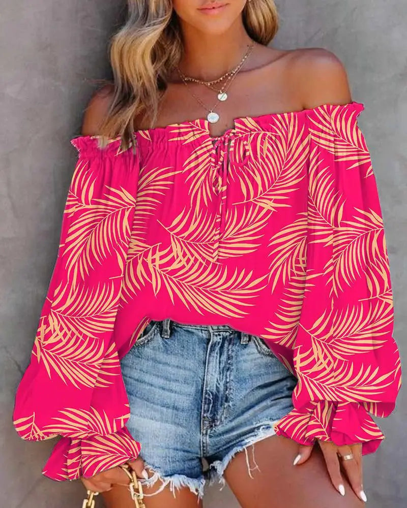 Trendy Print One Shoulder Women Off Shoulder Flared Long Sleeve Blouse.  S-2X