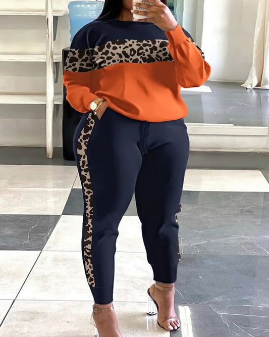 Plus Size 2 Piece Women Outfit 2025 Leopard print Long Sleeve Pullover Pocket High Waist Pants Tracksuit.