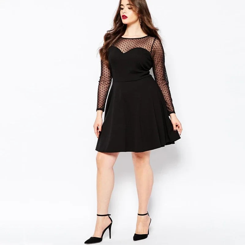Plus Size Elegant A-line Dress Women Dot Print Long Mesh Sleeve Spring Autumn Fit And Flare Knee Length Party Dress