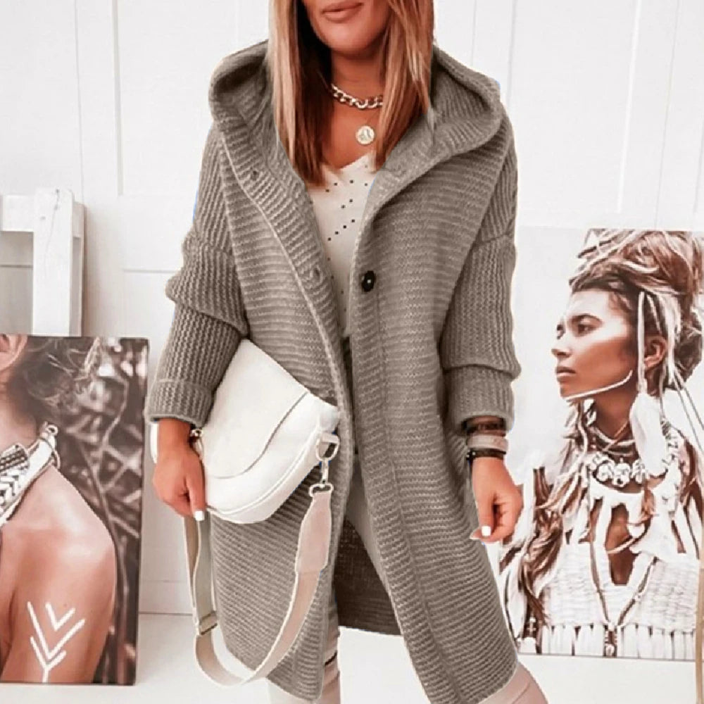 Women Solid Hooded Button Long Sleeve Cardigan Sweater Casual Loose Outwear.  S-XL