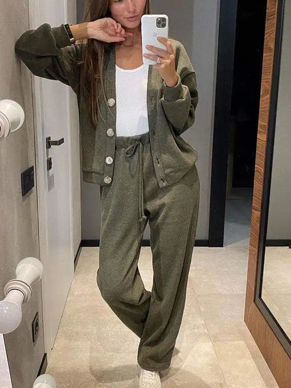Fashion Sporty Suit For Women Casual Single Breasted Long Sleeved Straight Pants 2 Piece Set.  S-3x