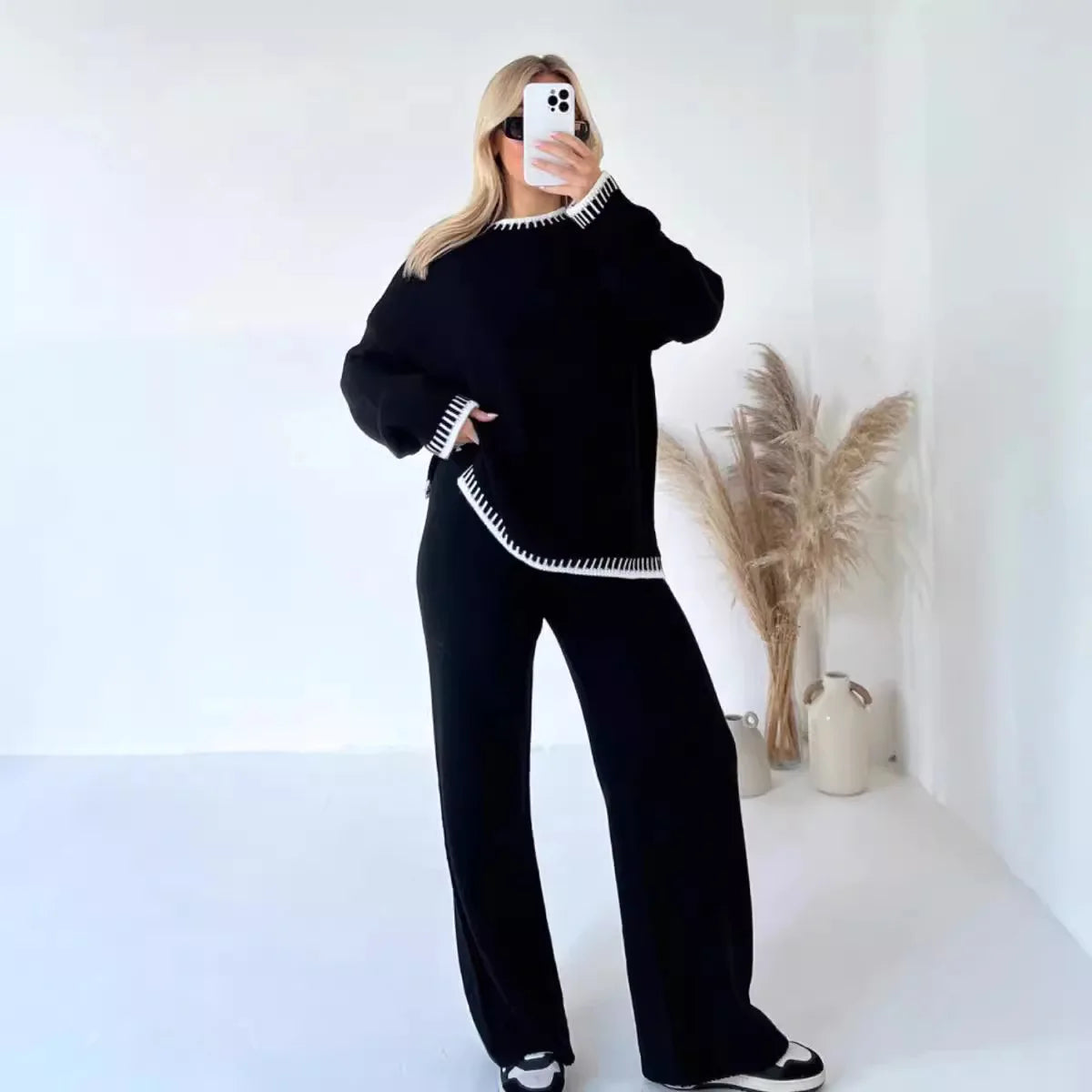 Ladies Knitted 2 Piece Set Casual Loose O Neck Pullover Top Wide Leg Pants.