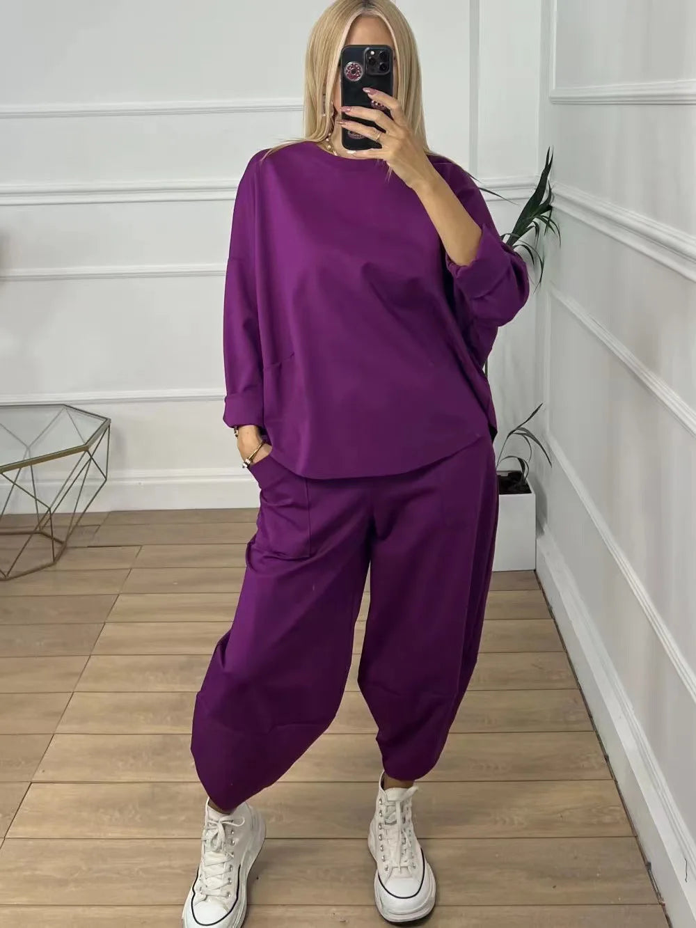 Solid Pullover Two Piece Set O Neck Top, Long Pants Tracksuit Retro Loose Sport Suit.  S-3X
