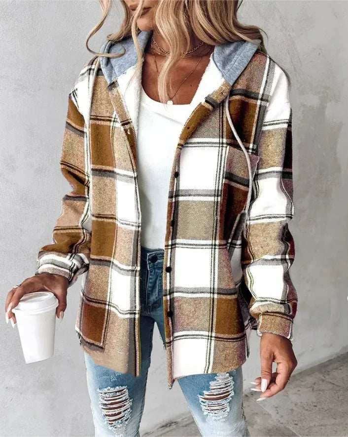 Women's Plaid Style Women's Jacket Hooded Plaid Casual Loose light Jacket.  S-3x