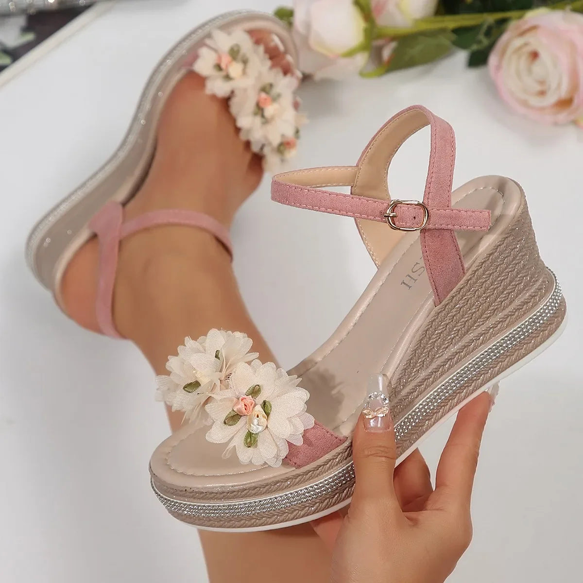 Open Toe Women's Sandals Fashion Floral Buckle Strap Wedges Shoe
