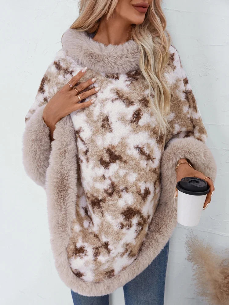 Knitted Cloak Sweater Printed Shawl Outwear Warm Thick Fur Collar Casual Loose Poncho Batwing Sleeve