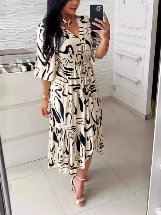 Long Dress Printed Elegant Women Elastic Waist Casual Half Sleeve A-line Dress.  S-3X