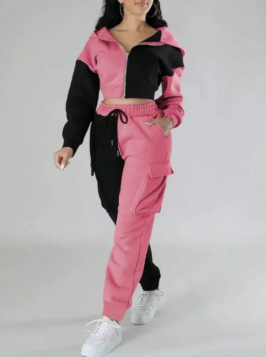 Women Loose Two Piece Matching Set Zip- Up Hoodie And Drawstring Cargo Pants Suit.  S-2x