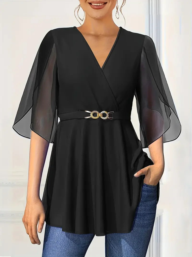 Flare Sleeve Chiffon V-neck Waist Cinched Short Sleeve Casual Blouse.