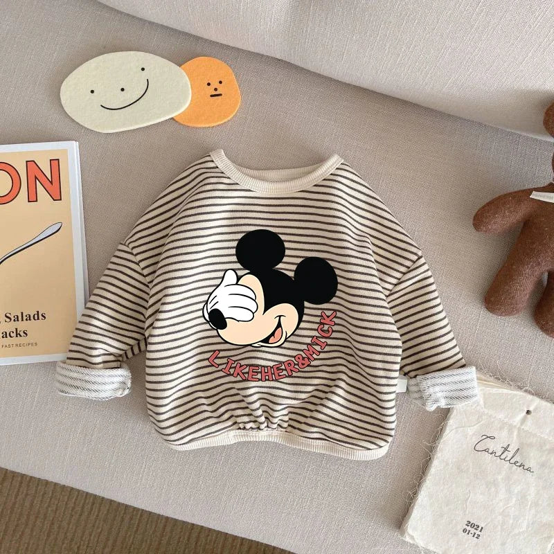 Disney Mickey Mouse 1-8T Cotton Children Clothing Long Sleeve T-shirts Striped Boy Girl Tops Kids T-shirt Autumn Spring Tee Kids