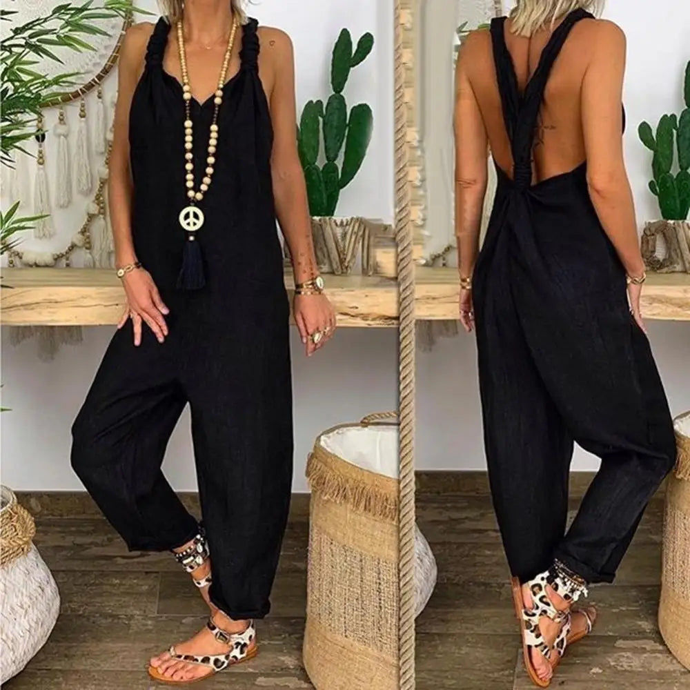 Women Casual Backless Solid Colour Sleeveless Jumpsuit