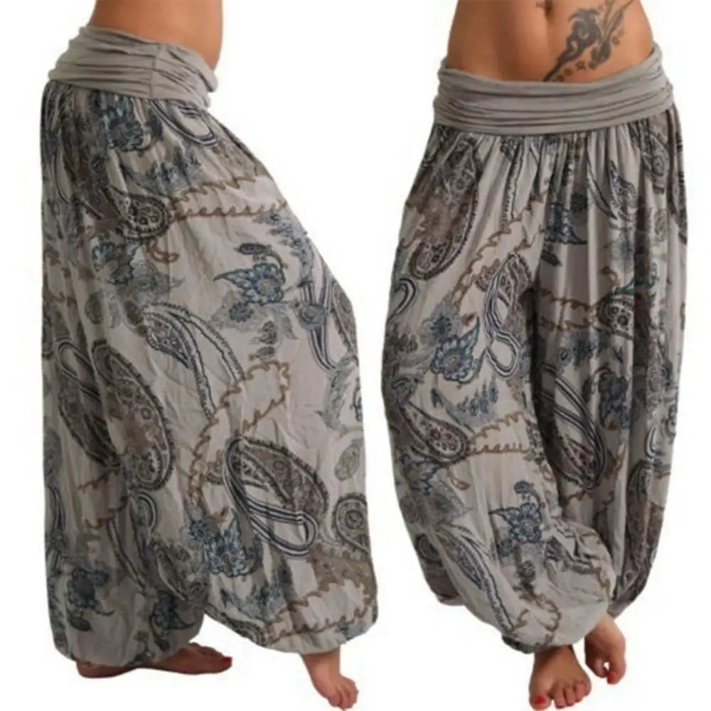 Ladies Boho Loose Pants Paisley Print High Waist Ankle Tied .