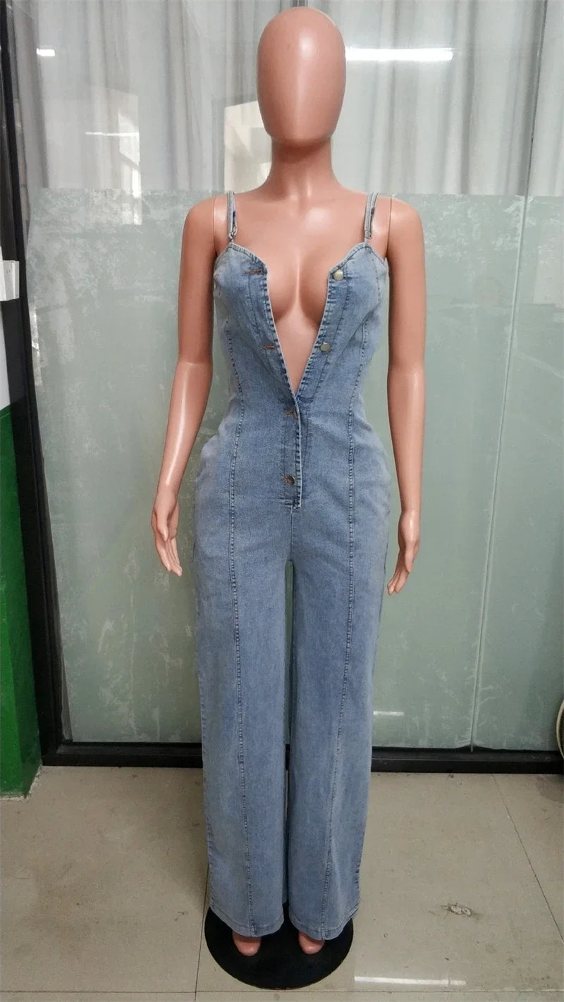 Wide Leg Sleeveless Denim Romper Overalls Outfit.  S-2X