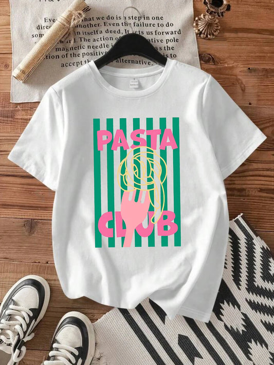 Pasta fork pattern round neck plus size women T-shirt short sleeve trend printing half sleeve T-shirt