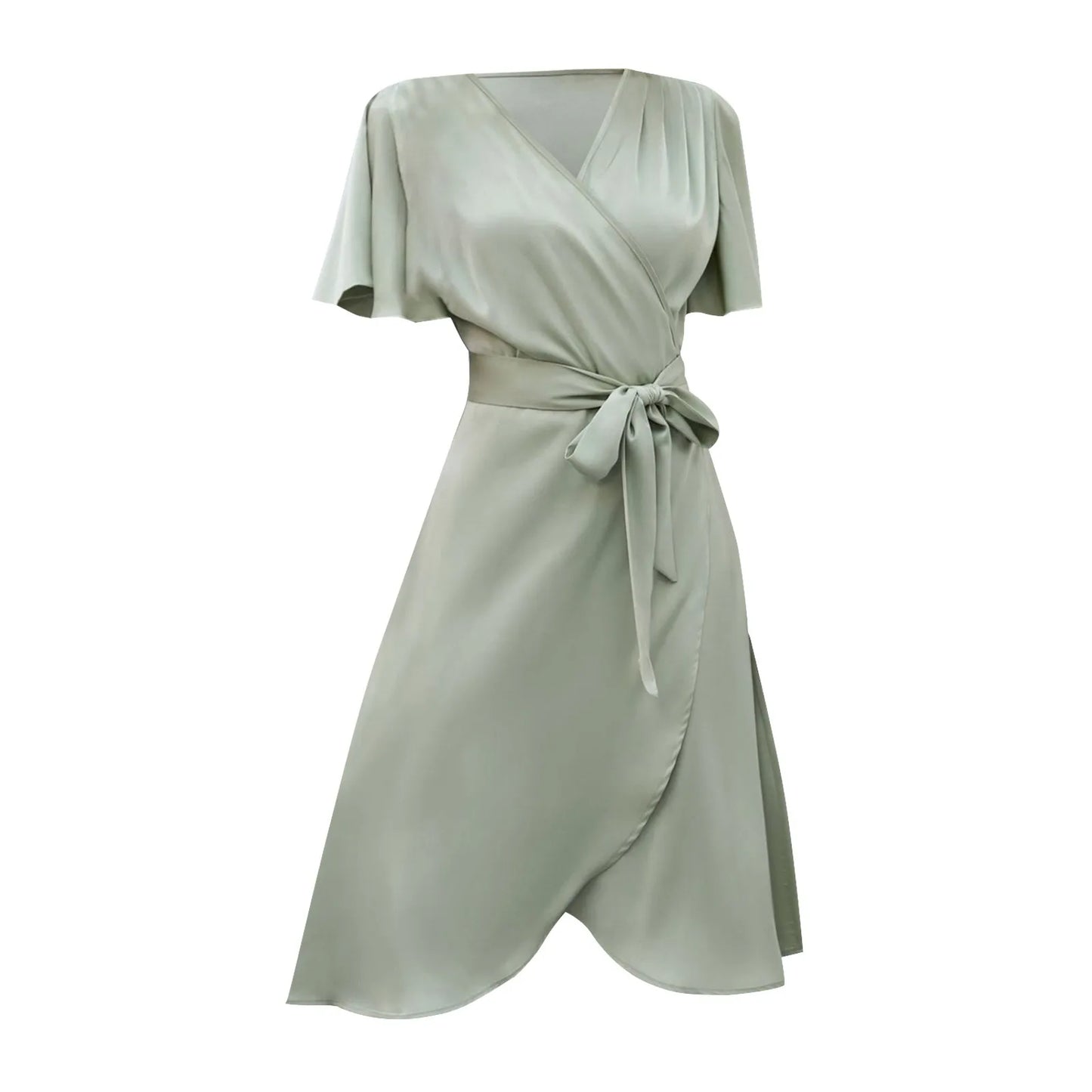 Elegant Ladies Summer Sale Satin V Neck Slim Waist Dress Bell Sleeve Summer Dress For Women . S-2X