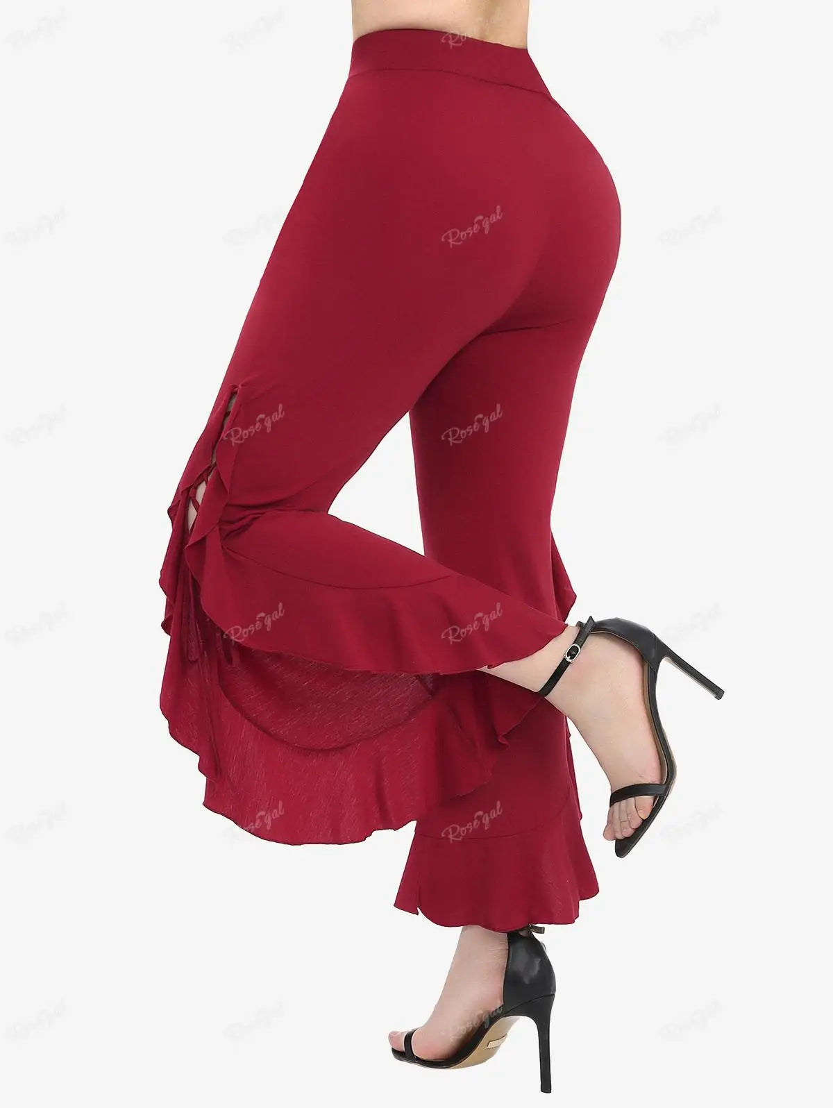 Plus Size Side Lace Up Braided Pocket Pants Red Women's Casual Quality Boot Cut Pant.  L-5X