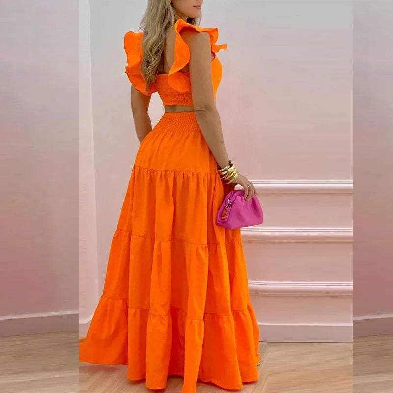 Ladies Two Piece Set Solid Bohemian Long Skirt Strapless Crop Top Cascading Ruffles Long Skirt Suit