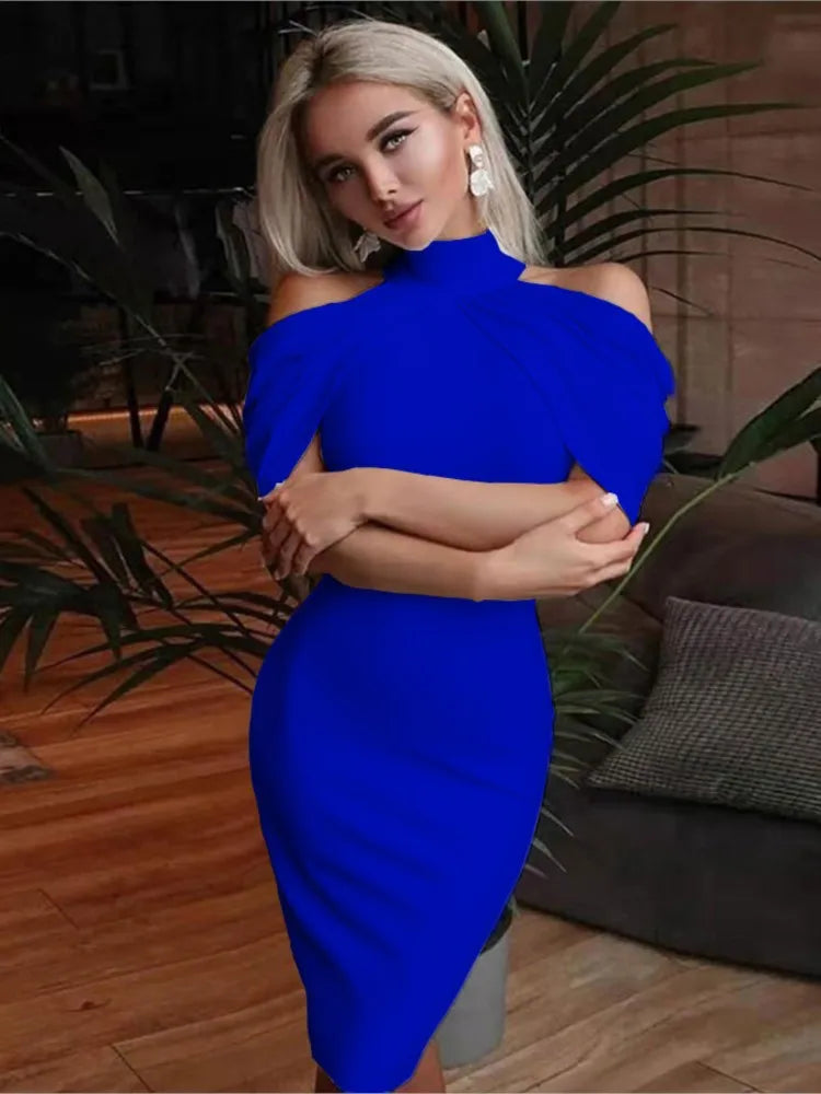 New Solid Colour Slim Midi Halter Neck Off Shoulder Elegant Party Dress.  S-3X
