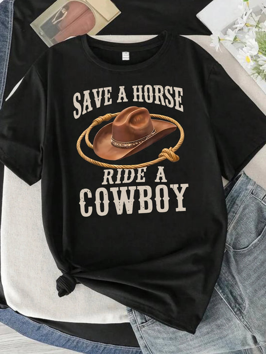Cowboy hat and rope pattern round neck plus size women short sleeve T-shirt