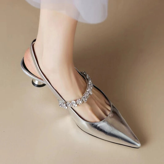 2025 Women's Sandals Buckle Rhinestone Pointed Toe Slingback Trend Summer Sandal