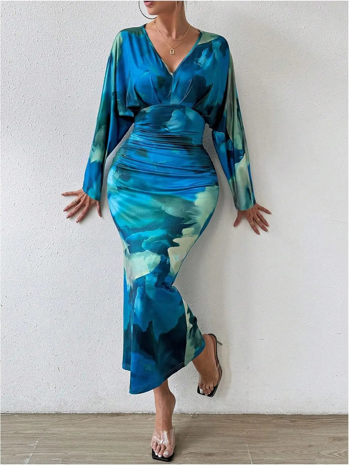 New V-neck pleated ladies sexy slim European style trendy long dress.  S-XL
