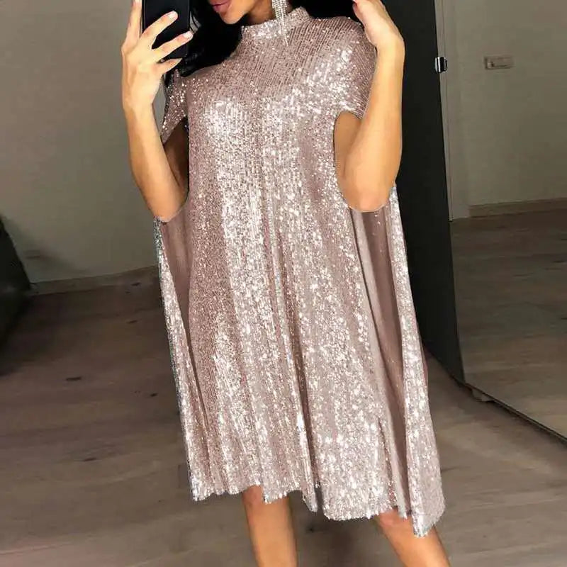 Sexy Party Sequin Glitter Cloak Sleeve Elegant Woman Dress 2025.  S-2X