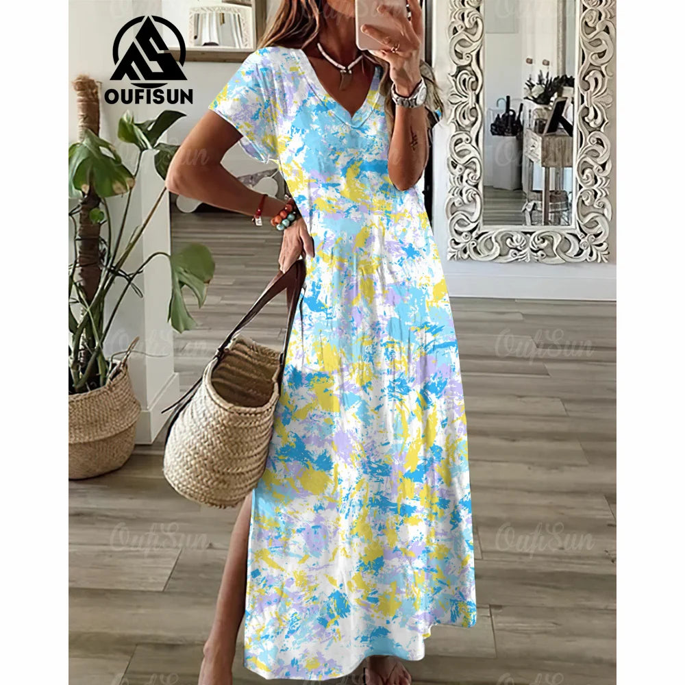 Tie-Dye Long Dress V-Neck Print Dress Loose Fit Women Dress.  S-3X