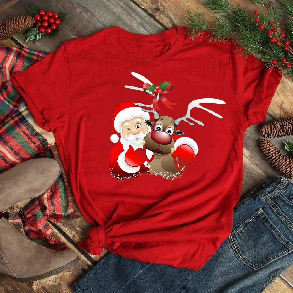 Women's Kawaii Christmas Top - Santa Claus & Deer O-Neck Y2K T-Shirt.  S-3X