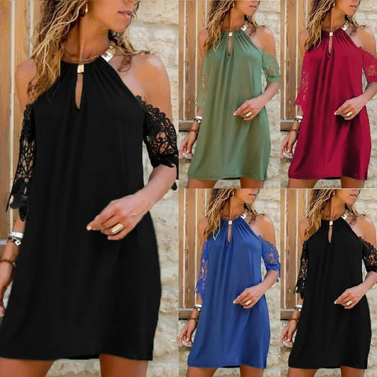 Summer Ladies Casual Elegant Halter Lace Hollow Short Dress S-3XL