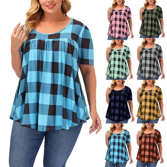 Classic Vintage Plaid Print Shirt Women Summer Short Sleeve Loose Fit Plus Size Casual O-Neck Patchwork Top