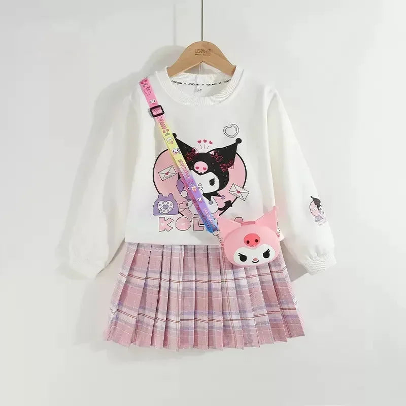 Kids Clothes Set Spring Autumn Children Kuromi Long Sleeved Sweater Tops+Checkered Pleated Skirt 2pce Teen Girls Preppy Clothing