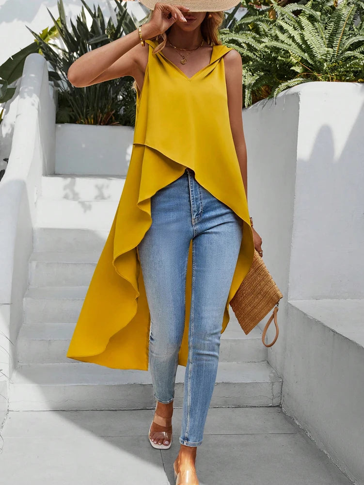 Plus Size Women's 2025 Summer New Wrap Edge Sleeveless High Low Hem Tank Top V Neck Solid Colour Stylish Top