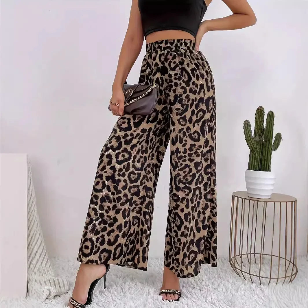 Fashionable Leopard Printed Elastic Waist Loose-Fit Casual Bell Bottoms.  S-2xL