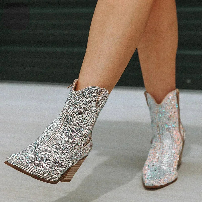Western Cowboy Boot Fashion Women Ankle Boots Glitter Bling Shiny Trend High Quality Boot.   Botas De Mujer 2025