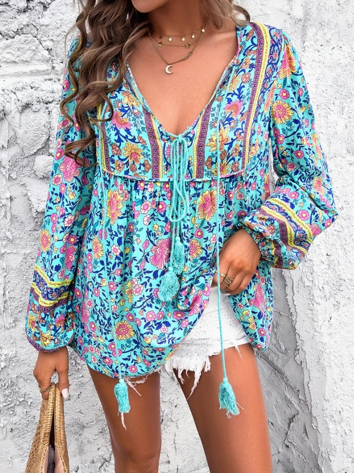 Summer Women's Blouse Casual Bohemian Printed Long Sleeve Loose Fit Shirt