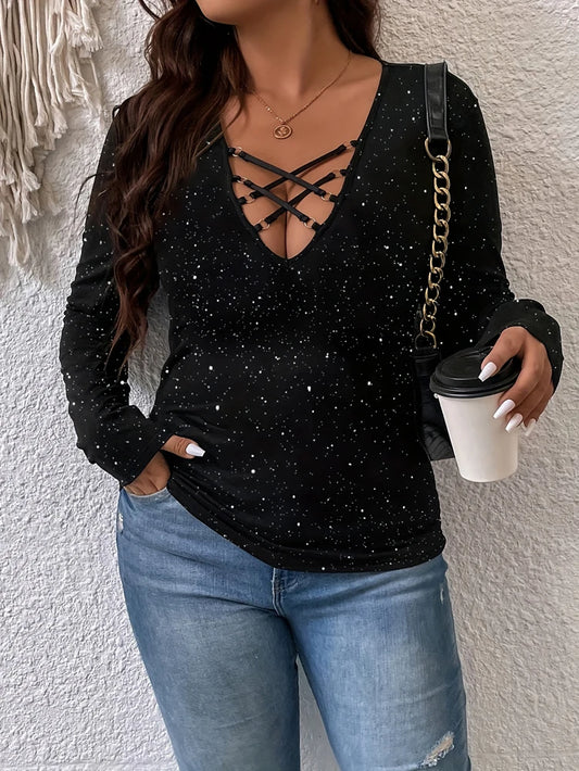 Plus Size Womens Glitter Criss Cross Deep V Neck Long Sleeve Shirt Party Top Sequins Airy Elegant Top