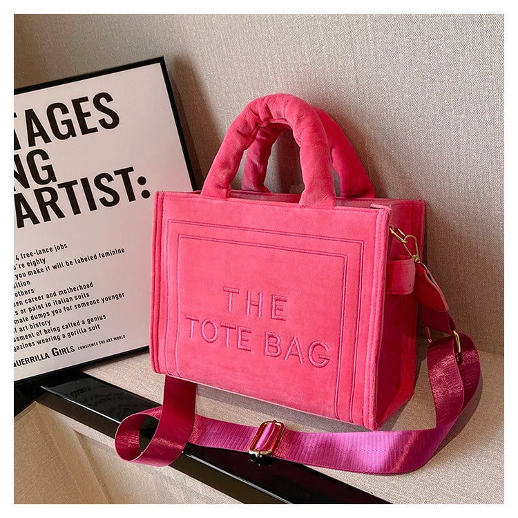Women's Velour Tote Original Letter Print Square Stylish Soft Shoulder Bag