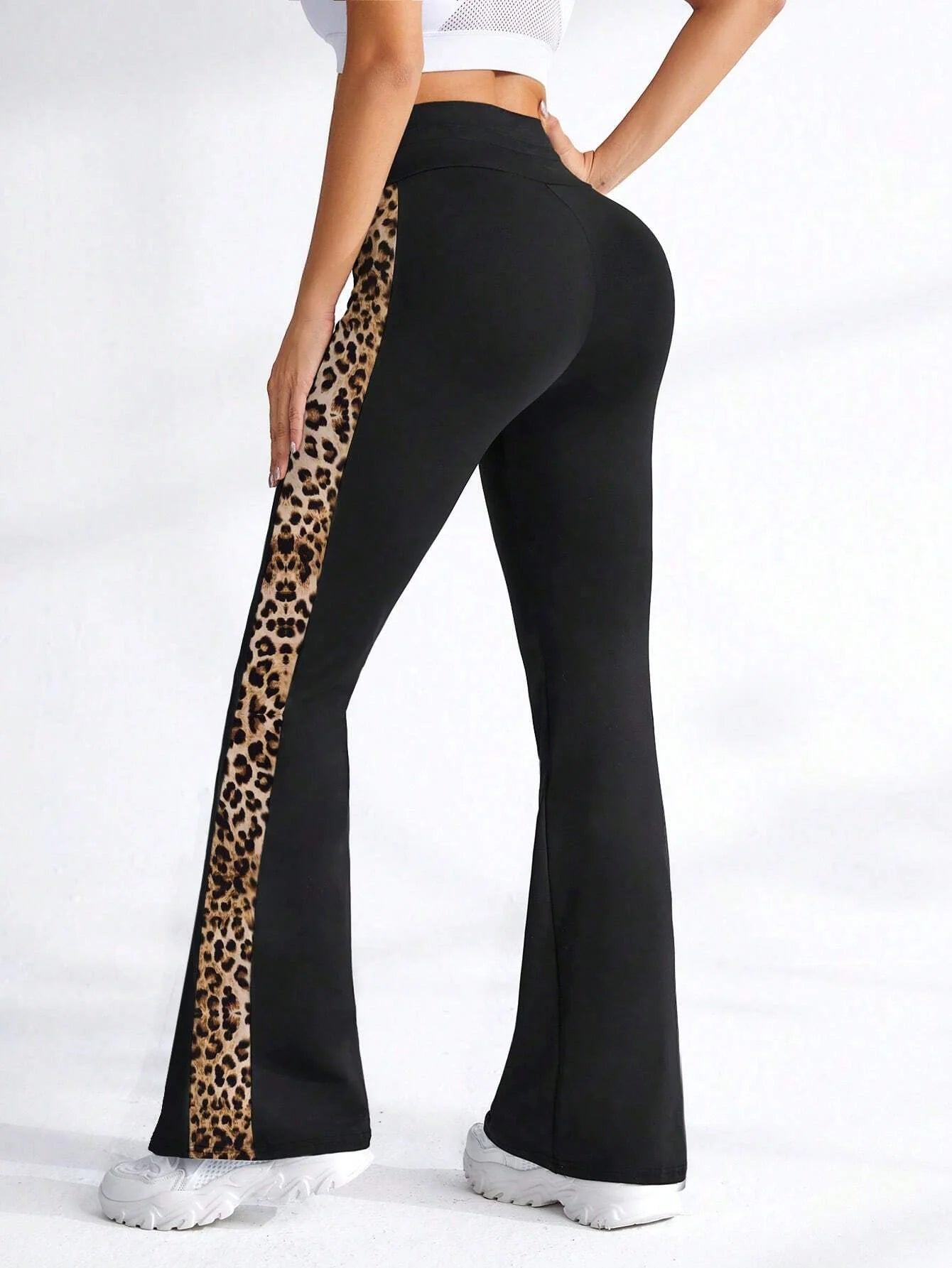 Women's Leopard Print Patchwork Elastic High Waist Sports Leggings .  S-2X