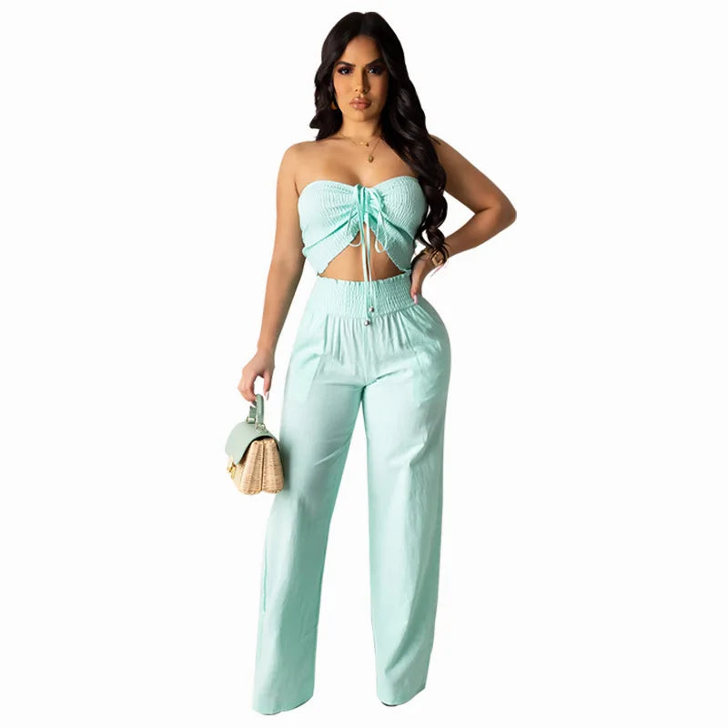 Women Two Piece Sets Halter Matching Sets Backless Short Top Wide Leg Long Pants Elastic Waist Casual Wear