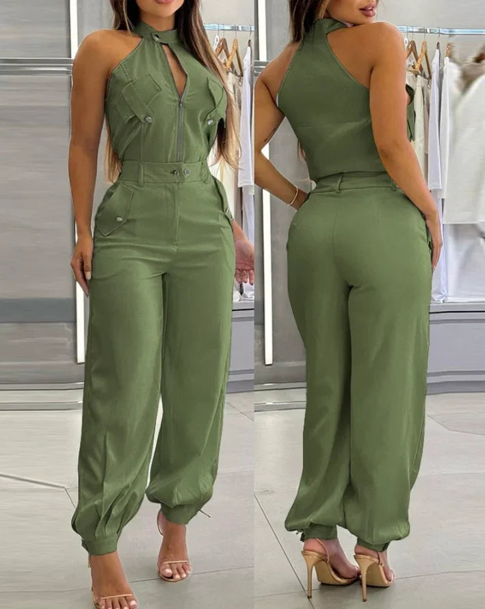 2025 Sexy Elegant 2 Pieces Sets Women's Outfits Sleeveless High Neck Top With Pocket Design and Casual Cuffed Long Pants Set