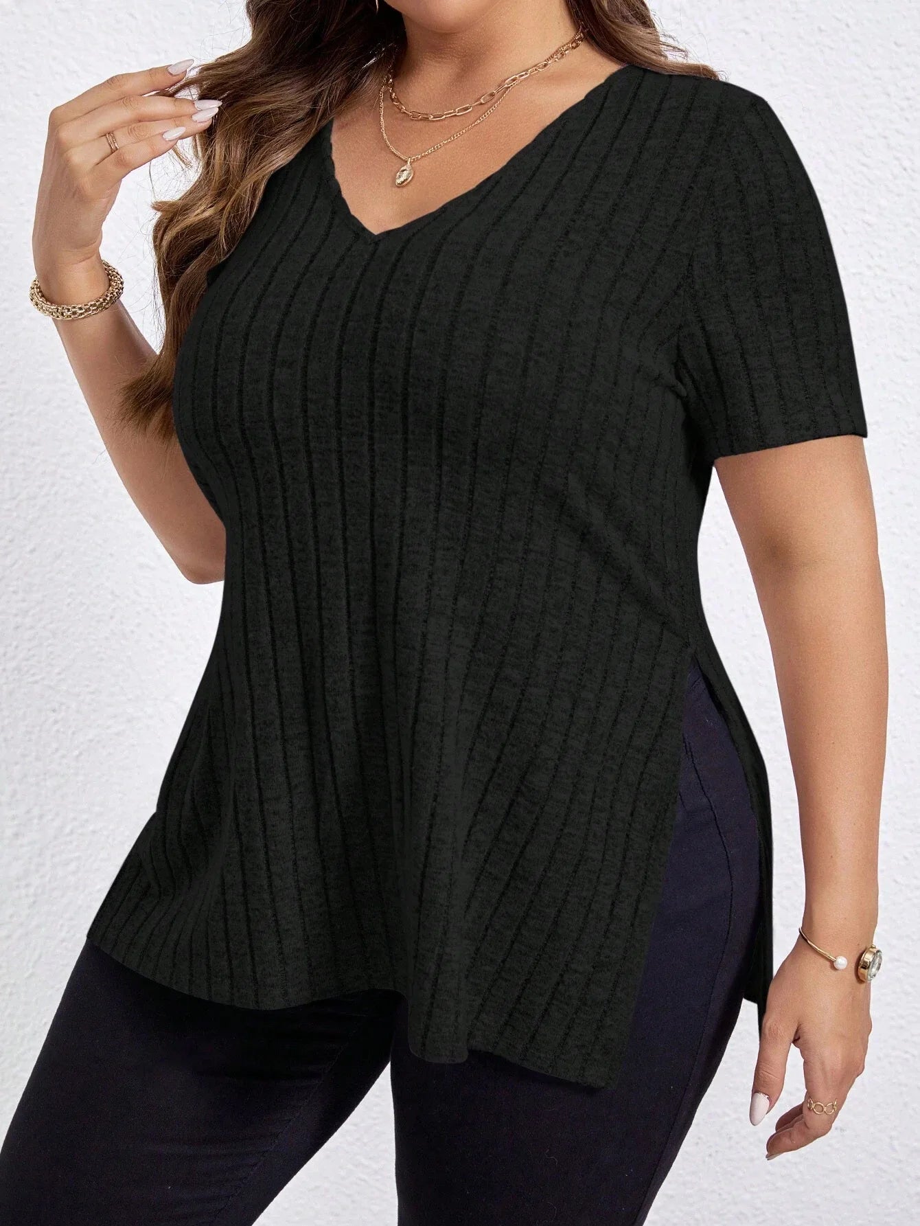 Women'S Plus Size Summer Solid Colour V-Neck Striped Short Sleeve Split Loose Shirt