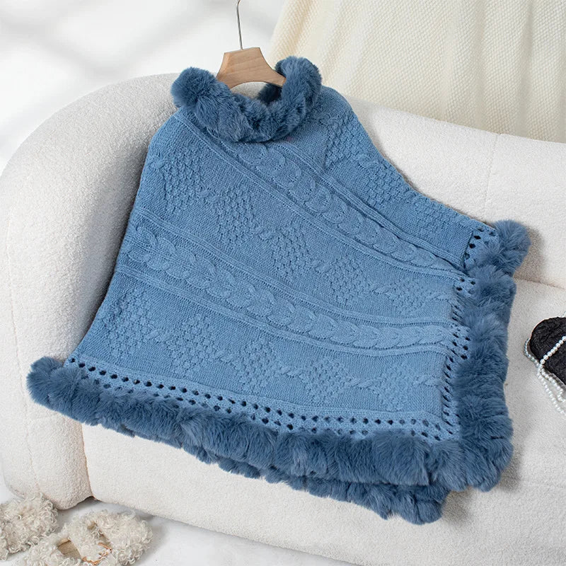 Women's Winter Women's Loose Plus Size Warm Imitation Rabbit Fur Collar Cloak Coarse Dough Twists Sweater Coat