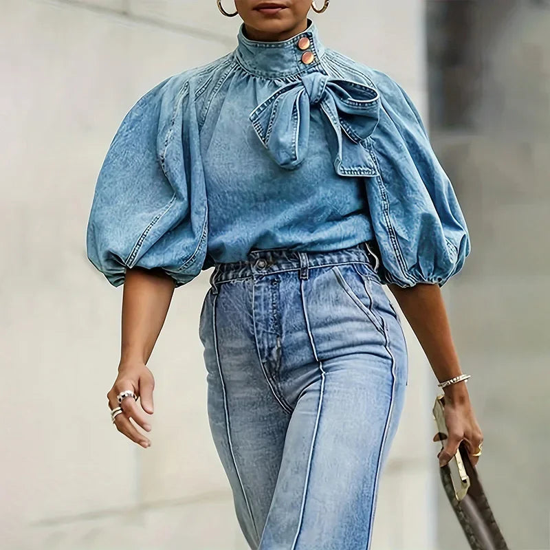 Women Denim Turtleneck Splice Puff Sleeve Loose Irregular Top Solid Pullover Casual Street-wear Shirt.  S-XXL