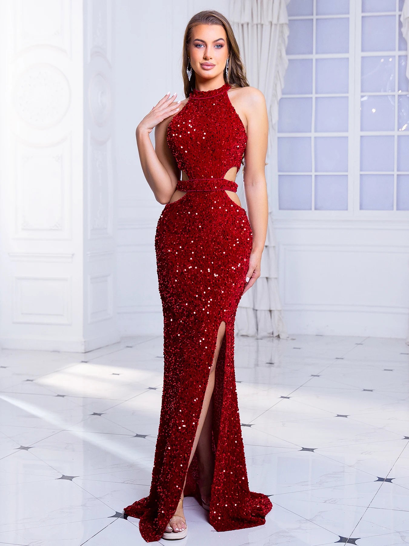 Evening Sexy Sequins Hollow Out Waist Side Long Cocktail Prom/Party Dress With Slit Leg.