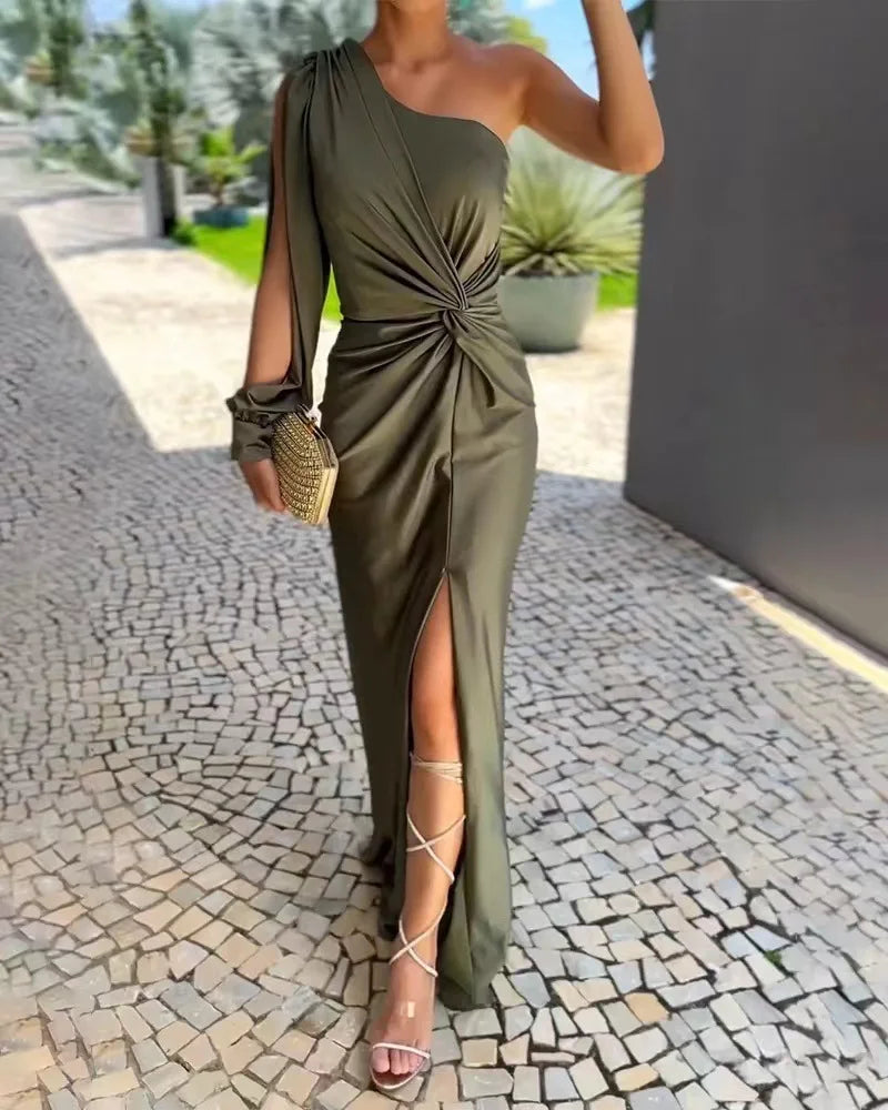 Women's Sexy Party Spring Summer New Skew Collar Fashion Maxi Dress One Shoulder Ladies Dress.  S-3X