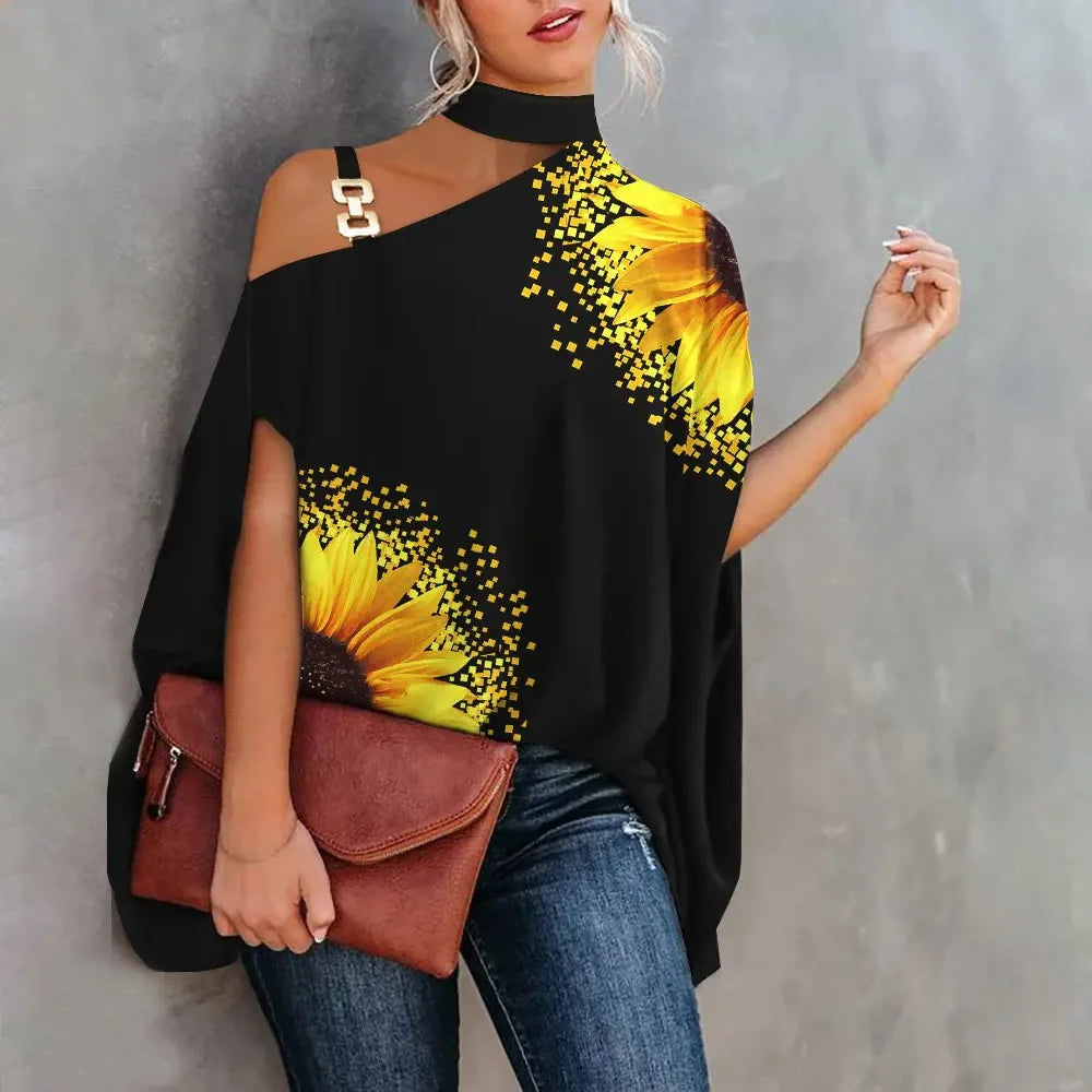 Sexy Halter Loose Blouse Elegant Print Off Shoulder Batwing Sleeve Summer Fashion.  S-2X