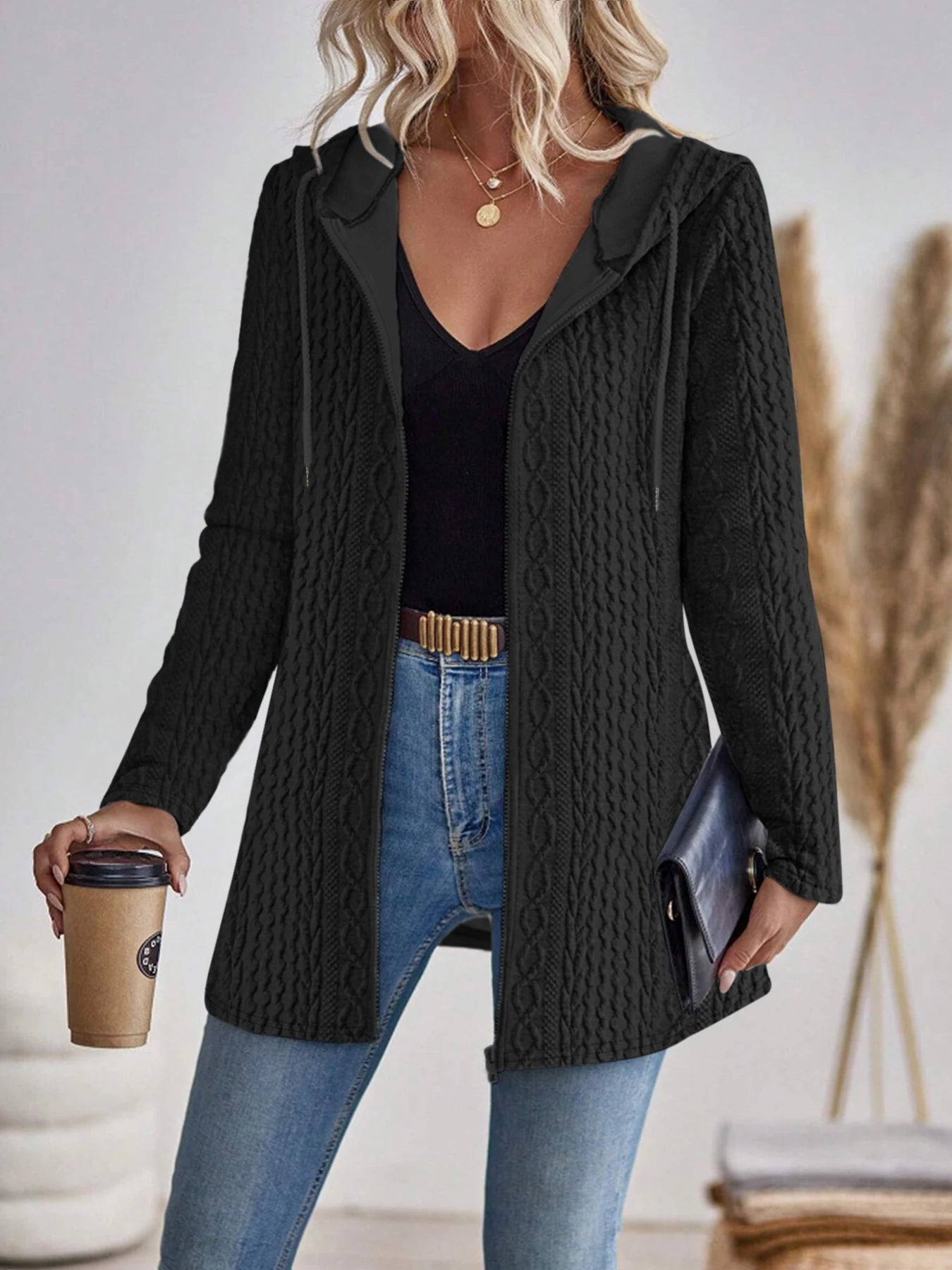Elegant directional women's fashionable texture solid colour zipper hooded zip-up.  S-2x