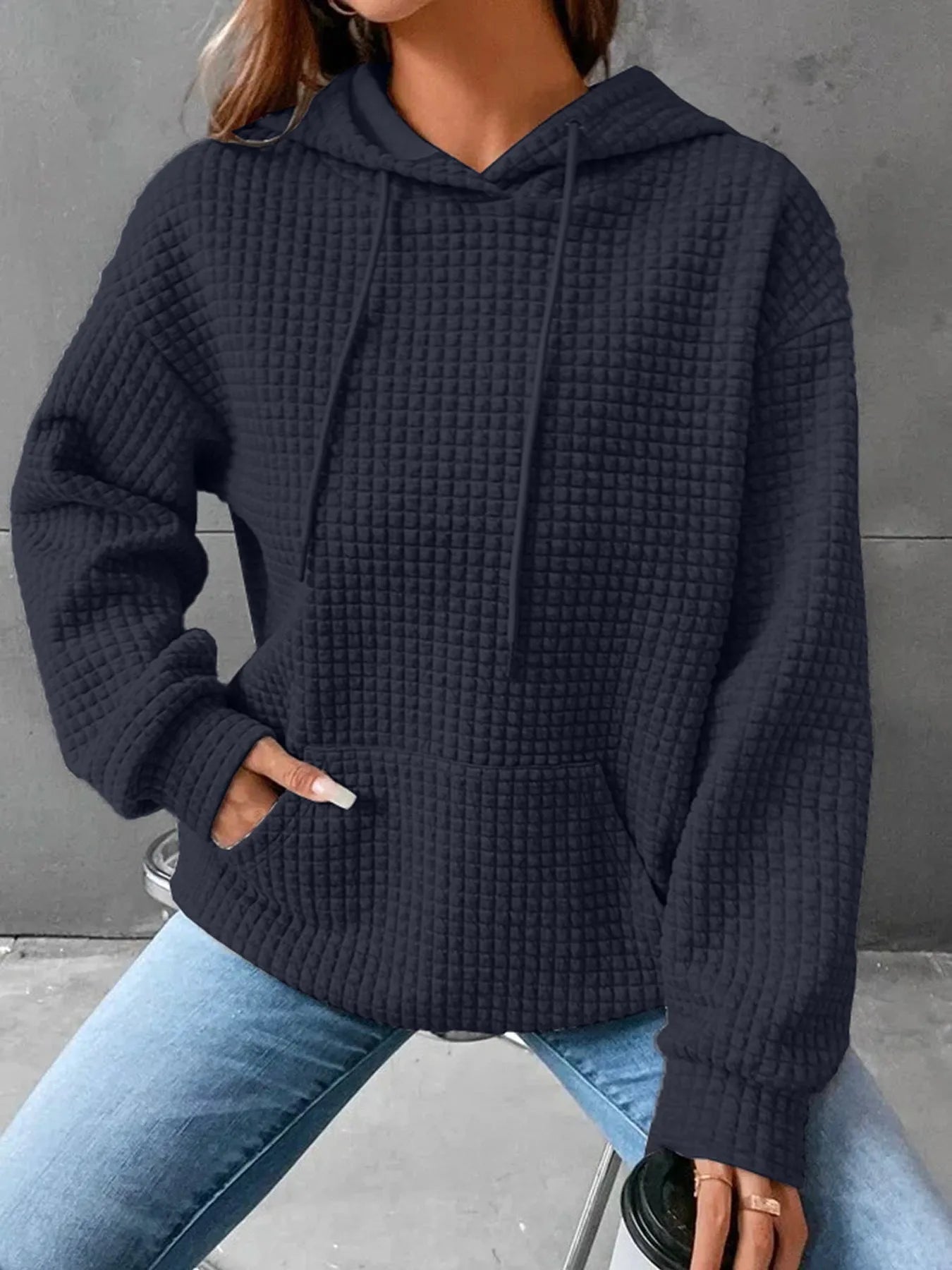 Women's hooded sweatshirt spring and autumn style waffle fashion beautiful solid color hooded drawstring loose sweatshirt.  S-2XL